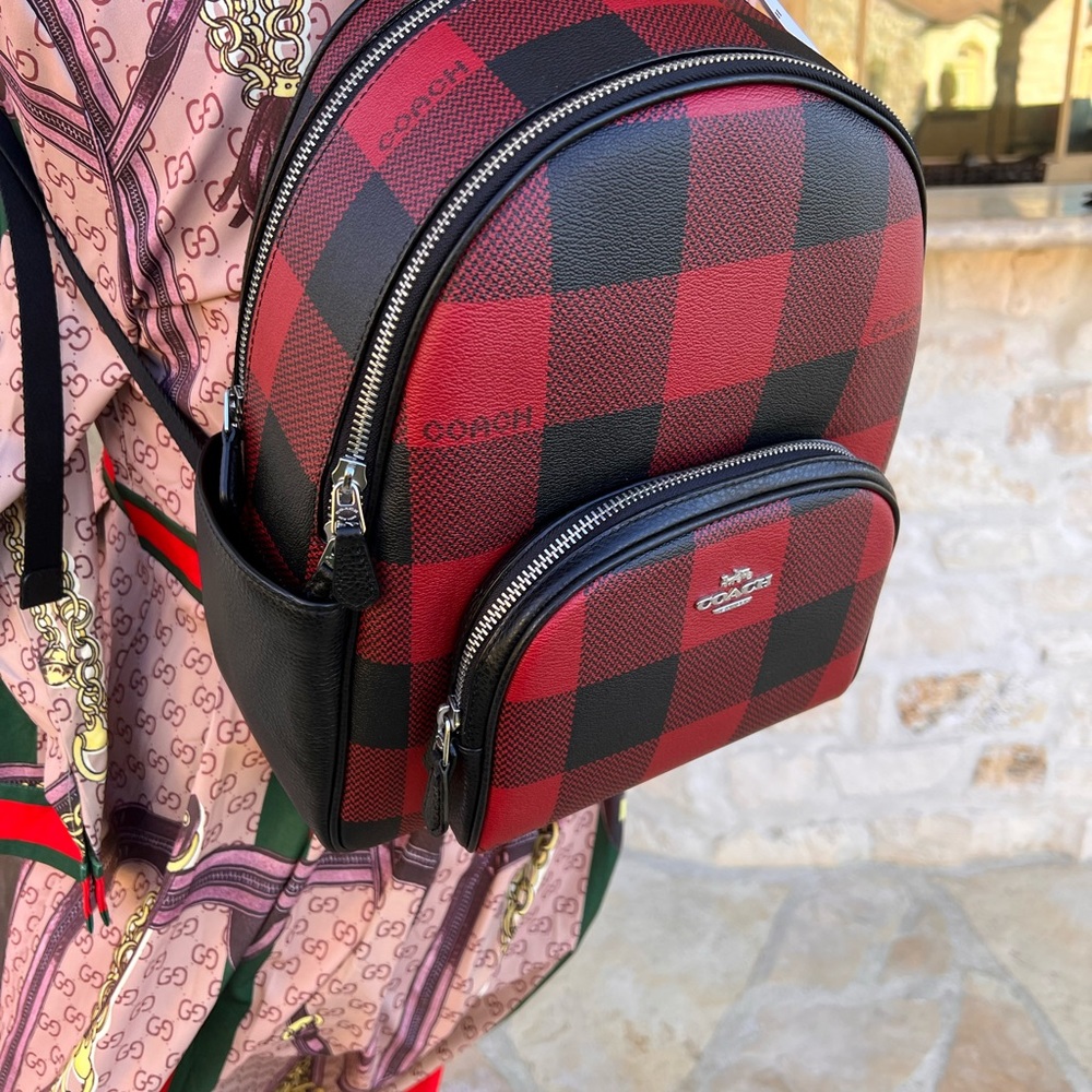 Coach Buffalo Plaid Check Court backpack Red Black NWT - Picture 6 of 9